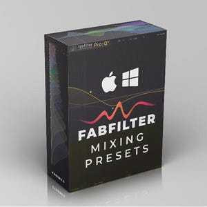 Könnte beinhalten: Eine schwarze, rechteckige Software-Box für FabFilter Mixing Presets mit dem Text FabFilter Mixing Presets, einer farbigen Schallwellengrafik sowie weißen Apple- und Windows-Logos auf der Vorderseite und weiteren Schallwellengrafiken an der Seite.