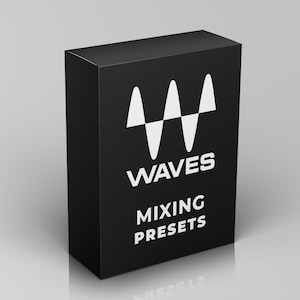 Puede incluir: Una caja rectangular negra con el texto blanco "WAVES MIXING PRESETS" y un logotipo blanco. El logotipo es una forma de "W" estilizada. La caja está sobre una superficie gris claro.