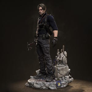 May include: A detailed figurine of a character in a dark blue long-sleeve shirt, black pants, and combat boots, holding a hatchet. The figure stands on a rocky base with a detailed design. The character has short, styled hair and is wearing gloves.