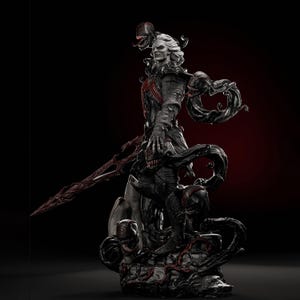 May include: A detailed statue of a character with pale skin, white hair, and a dark costume. The figure is surrounded by black, tendril-like forms and multiple demonic faces. A red, jagged sword is held in one hand. The statue is set against a dark red background.