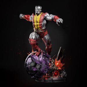 May include: A Colossus statue in a dynamic pose, featuring a metallic silver head and body, with red, yellow, and silver armor. The figure stands atop a purple and black base with intricate details, set against a dark background.