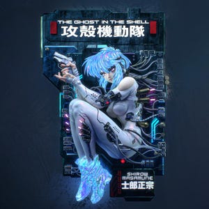 May include: A digital art piece featuring a futuristic female character from "The Ghost in the Shell." She is dressed in a white bodysuit, holding a gun, with blue hair and glowing accents. The background includes Japanese text and mechanical details.