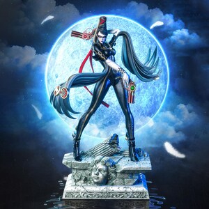 May include: A detailed figurine of a woman in a black bodysuit, boots, and long hair, holding two guns. The figure stands on a stone base with a face carving, set against a blue moon backdrop with white feathers.