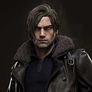 May include: A detailed portrait of a man with brown hair and a stern expression. He wears a black leather coat with a fur-lined collar over a navy blue sweater. The image is set against a dark background.