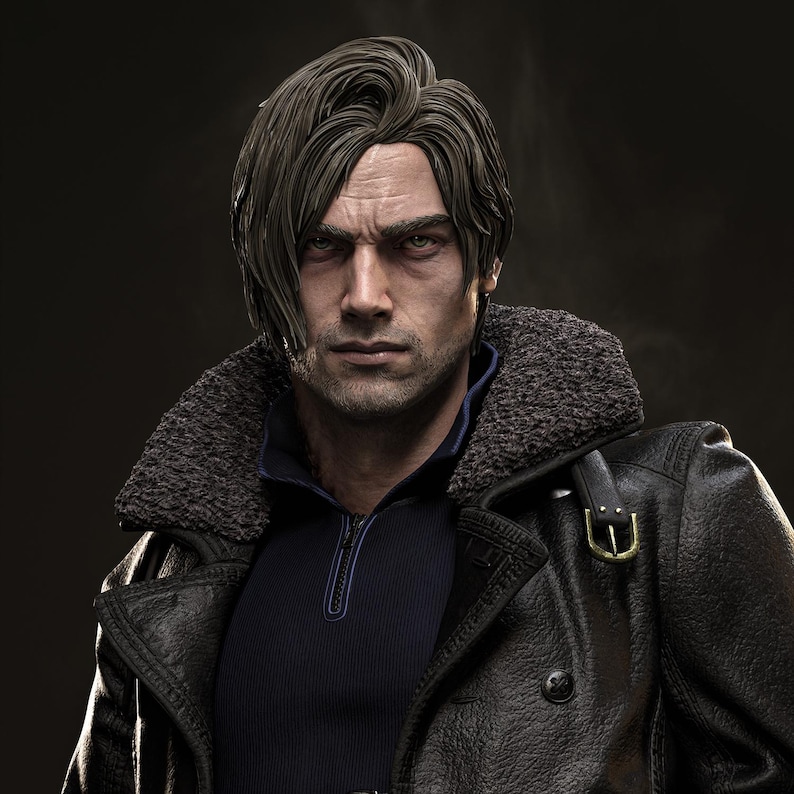 May include: A detailed portrait of a man with brown hair and a stern expression. He wears a black leather coat with a fur-lined collar over a navy blue sweater. The image is set against a dark background.