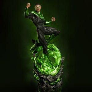 May include: A Green Lantern statue in a dynamic pose, with a black and green costume. The figure stands on a glowing green energy construct, with a dark green background. The statue is highly detailed and appears to be made of a durable material.