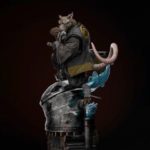 May include: A detailed statue of a rat-like character in a black and gold outfit, holding a katana. The figure is perched atop a metallic structure with a blue energy effect. The rat has a long tail and is in a dynamic pose.