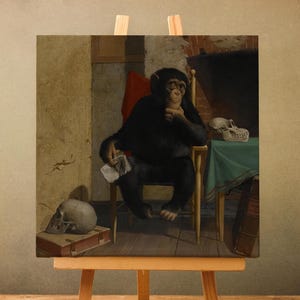 May include: A framed print on a wooden easel depicts a chimpanzee in a pensive pose, seated in a chair. The artwork features a skull, a table with a teal tablecloth, and a red cushion. The style is reminiscent of classical portraiture.