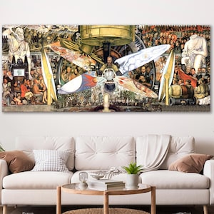 Può includere: Una grande stampa su tela rettangolare di un murale con una figura centrale circondata da una folla. L'opera d'arte presenta una composizione complessa con figure, bandiere e un elemento meccanico centrale. La tavolozza dei colori comprende sfumature di marrone, beige e tocchi di rosso e blu.