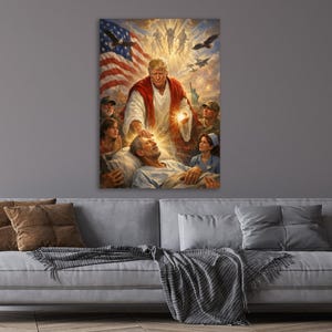 May include: A vertical wall art print depicting a religious scene with an American flag in the background. The artwork features a central figure in a white robe, surrounded by other figures, with a patient in a hospital bed. Eagles and light rays are also present.