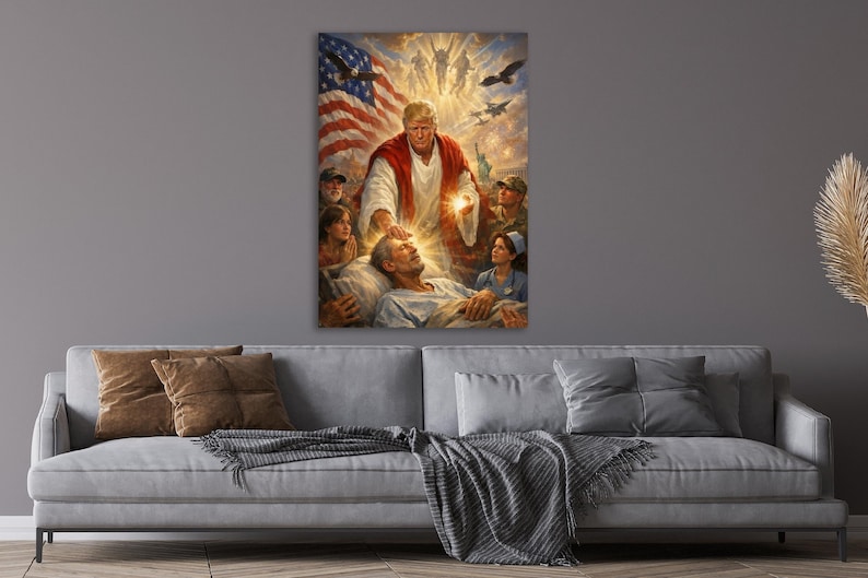 May include: A vertical wall art print depicting a religious scene with an American flag in the background. The artwork features a central figure in a white robe, surrounded by other figures, with a patient in a hospital bed. Eagles and light rays are also present.