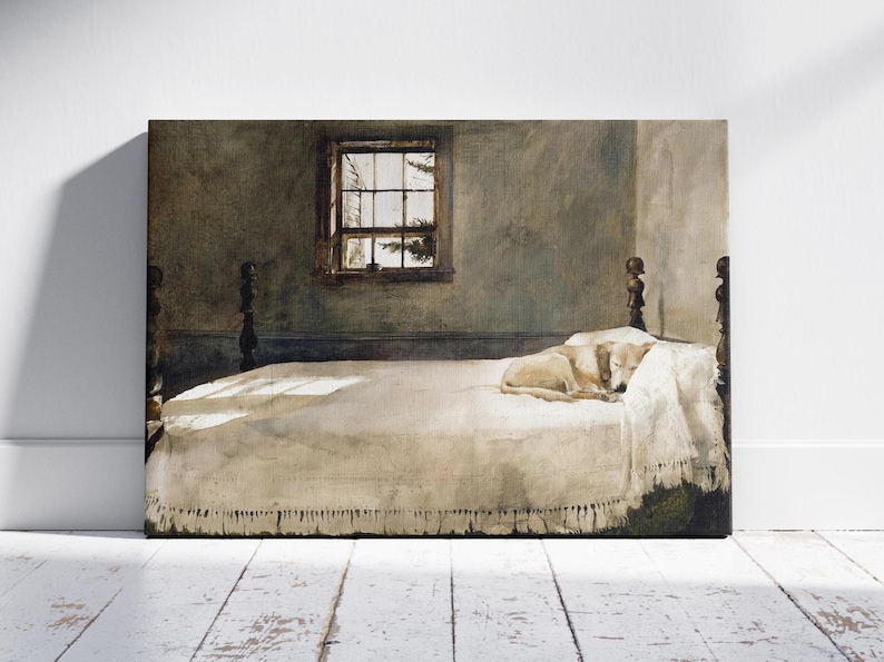Master Bedroom by Andrew Wyeth, Fine Art Print, Dog Sleeping on a Bed Poster, Master Bedroom Print, Museum Quality Canvas, Vintage Poster image 1