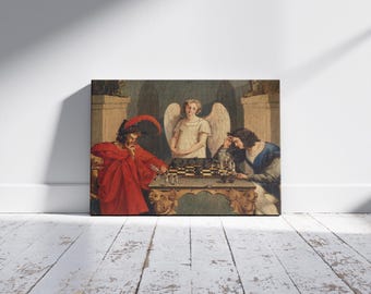 Faust and Mephistopheles Wall Art, Canvas Print of Faust and Mephistopheles Playing Chess, Home Decor Idea, Horizontal Gift Wall Art