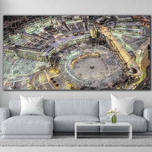 Kaaba&#39;s Evening Canvas Wall Art, Nocturnal Devotion in Kaaba, The Center of Worship of the Islamic World is in Canvas, Kaaba&#39;s Night Poster