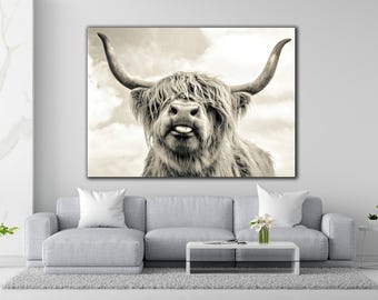 Highland Cow Canvas Wall Art, Country Charm on Canvas, Tongue-Out Cow Animal Poster, Canvas Wall Art Featuring a Tongue-Wagging Cow