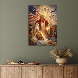 May include: A framed canvas print depicts a religious scene with an American flag in the background. A figure in a red robe is surrounded by people, with a man in a hospital bed in the foreground. The artwork is displayed on a wooden cabinet.