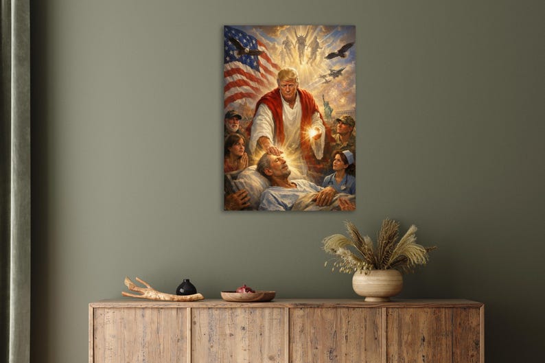 May include: A framed canvas print depicts a religious scene with an American flag in the background. A figure in a red robe is surrounded by people, with a man in a hospital bed in the foreground. The artwork is displayed on a wooden cabinet.