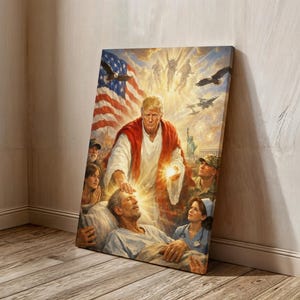 May include: A canvas print depicting a religious scene with a central figure in a red robe, resembling a biblical figure, touching a man's head. The American flag and eagles are in the background, with other figures present.