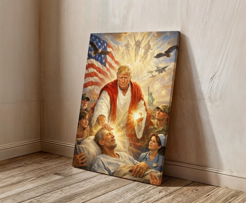 May include: A canvas print depicting a religious scene with a central figure in a red robe, resembling a biblical figure, touching a man's head. The American flag and eagles are in the background, with other figures present.
