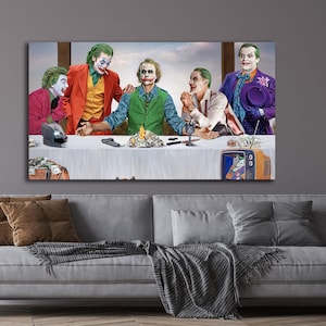 May include: A large wall art print depicting a parody of the Last Supper, featuring multiple characters dressed as the Joker. The characters are seated around a table with money and a vintage television.