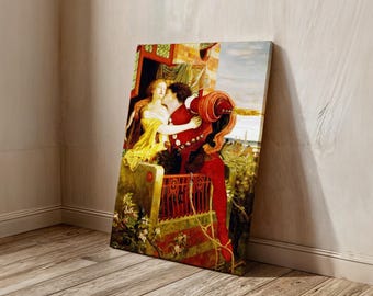 Romeo en Julia kunst aan de muur, romantisch cadeau-idee voor Valentijnsdag, Ford Madox bruine verfposter, Romeo en Julia van Shakespeare op canvas