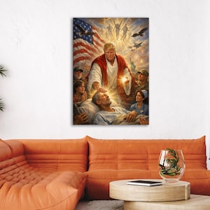 May include: A framed artwork depicts a religious scene with a figure in a red robe and white garment, with an American flag in the background. The artwork features several figures and is set against a backdrop of light and shadows.
