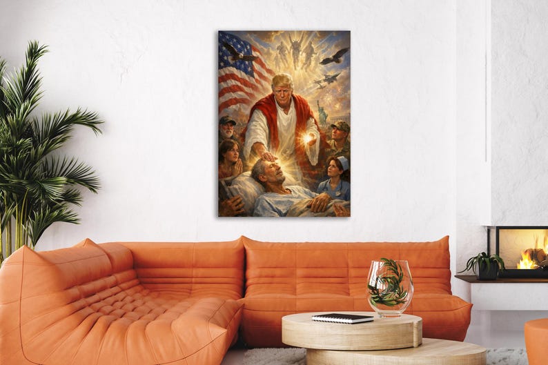 May include: A framed artwork depicts a religious scene with a figure in a red robe and white garment, with an American flag in the background. The artwork features several figures and is set against a backdrop of light and shadows.