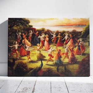 Rasa Lila Dance of Radha Krishna Wall Art,  Traditional Story Described in Hindu Texts Canvas Print, Raslila Dance Painting