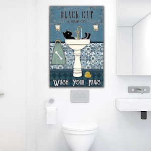 Póster &quot;Lávate las Patas&quot;, lienzo para pared, póster de baño, lienzo divertido para baño, póster de inodoro, lávate las patas con gato negro