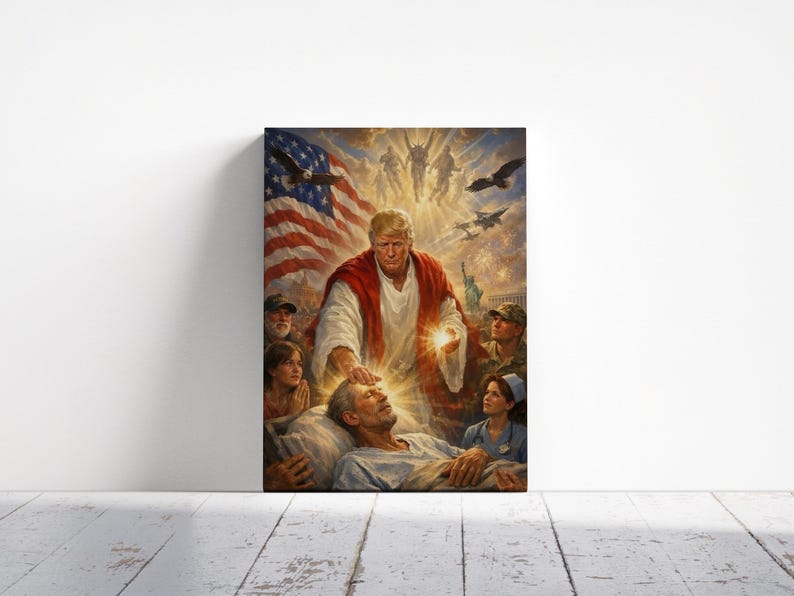 May include: A canvas print depicting a religious scene with a central figure resembling a former U.S. president, surrounded by an American flag, eagles, and military jets. The artwork features a man in a hospital bed, with figures in the background.