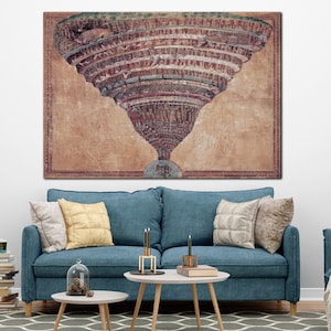 May include: A large framed print of a detailed illustration depicting a tiered, inverted cone shape with figures and architectural elements. The artwork is in shades of brown, red, and beige, mounted above a blue sofa.