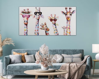 Vrolijke giraffen canvas muurkunst, giraffen met zonnebril voegen vreugde toe aan je huis, poster grappige dieren, print poster vrolijke giraffen