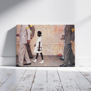 May include: A rectangular canvas print depicts a young Black girl in a white dress, walking between three men in suits. The men wear yellow armbands. The background is a textured wall with red and brown paint.