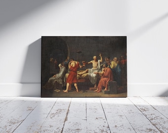 May include: A framed print of a classical painting depicting a historical scene. The artwork features figures in draped clothing, with a central figure lying down. The color palette is dominated by dark tones, with accents of red and gold.