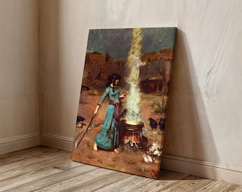 The Magic Circle Wall Art, John William Waterhouse Painting Ready to Hang Canvas, Witch  using a wand Drawing a Fiery Magic Circle Print