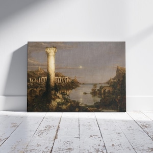 May include: An antique landscape painting depicts a classical scene with a tall column, buildings, and a body of water. The artwork features muted tones of brown, beige, and gray, with a full moon in the sky. The painting is displayed against a white wall.