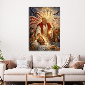 May include: A vertical art print depicts a figure in a red robe with a white undergarment, touching the head of a man lying down. An American flag and eagles are in the background. Other figures surround the man, with a golden light emanating from the figure's hand.