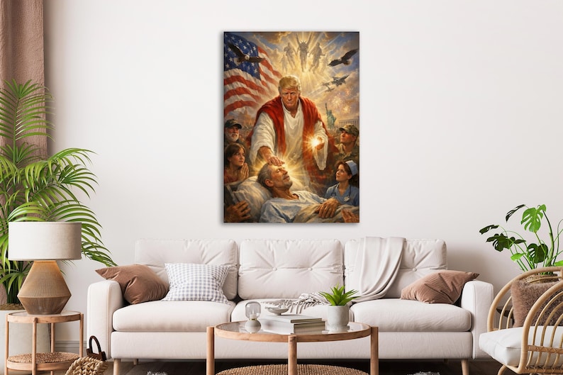 May include: A vertical art print depicts a figure in a red robe with a white undergarment, touching the head of a man lying down. An American flag and eagles are in the background. Other figures surround the man, with a golden light emanating from the figure's hand.