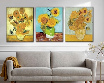 3er Set Sonnenblumen Kunstwerk von Van Gogh, Sonnenblumen Symphonie: Van Gogh Triptychon Leinwand Wandkunst Set, Van Goghs Sonnenblume Poster Set