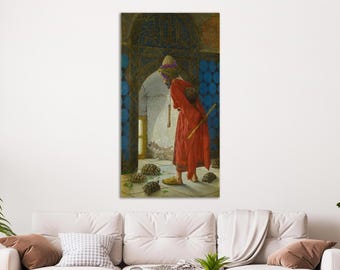 Può includere: Stampa incorniciata di un'opera d'arte raffigurante una persona in una veste rossa e turbante, con un bastone, circondata da tartarughe. Lo sfondo presenta un arco e dettagli architettonici blu e oro ornati. L'opera d'arte ha un'estetica vintage.