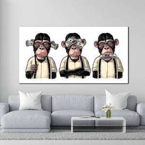 Three Monkeys Canvas Wall Art, Decorate Your Home with Three Monkeys: See No Evil, Hear No Evil, Speak No Evil, Three Monkeys Poster