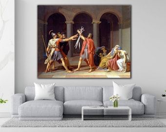May include: A large framed canvas print of a classical painting depicting a dramatic scene. Figures in Roman attire are central, with a man holding swords. The color palette is dominated by reds, blues, and browns, with a classical architectural background.
