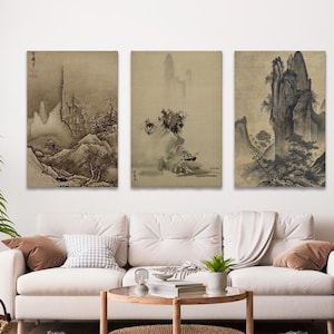 Sesshu Toyo Wall Art Set, Landscape of the Four Seasons Winter, Spring and Broken Ink Landscape Canvas Print Set, Set of 3 Wall Decor Idea