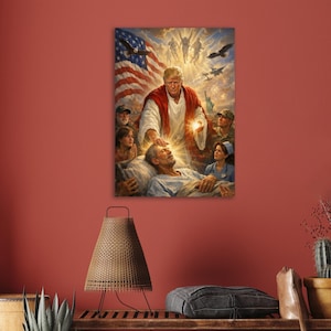 May include: A framed artwork depicts a figure in a red robe with a halo, touching a man lying in a hospital bed. The American flag is in the background, along with other figures and eagles.