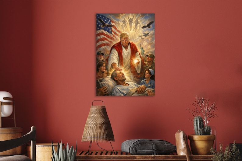 May include: A framed artwork depicts a figure in a red robe with a halo, touching a man lying in a hospital bed. The American flag is in the background, along with other figures and eagles.