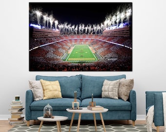 May include: A large canvas print of a football stadium at night, filled with spectators. Fireworks burst above the stadium, illuminating the field and stands. The colors are orange, white, and green.