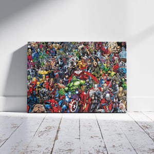 May include: A rectangular canvas print featuring a collage of numerous Marvel comic book characters. The artwork showcases a vibrant array of superheroes and villains in a colorful, action-packed composition, perfect for fans of comic books.