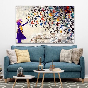 Banksy Butterlfy Wall Art, Magic in the Streets: Graffiti Canvas Showing a Child Connecting with Butterflies, Vibrant Graffiti, Gift Canvas