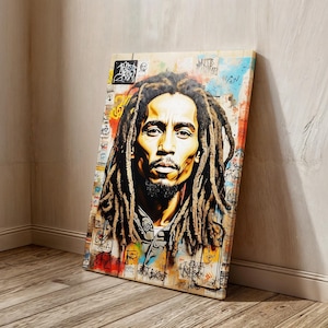 Bob Marley Wall Art, Reggae Legend Bob Marley Ready to Hang Canvas, Musical Wall Decor, Bob Marley Portrait Graffiti Poster, Gift Home Decor