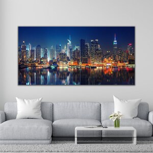 New York Manhattan Skyline at Night Wall Art, NYC Manhattan Night Print Poster, Large Manhattan Poster, New York City Night View Canvas